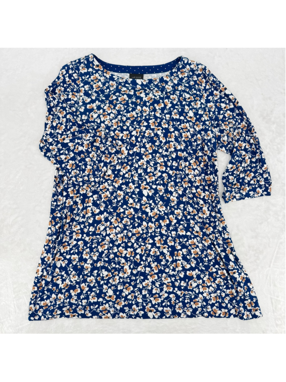 J Jill Floral Tunic Blue Tan White Flowers 3/4 Sleeve Cottagecore Prairie Small